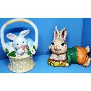 2 Vintage Japan Ceramic Bunny Rabbit Figurine Set One Reading & Other In Basket